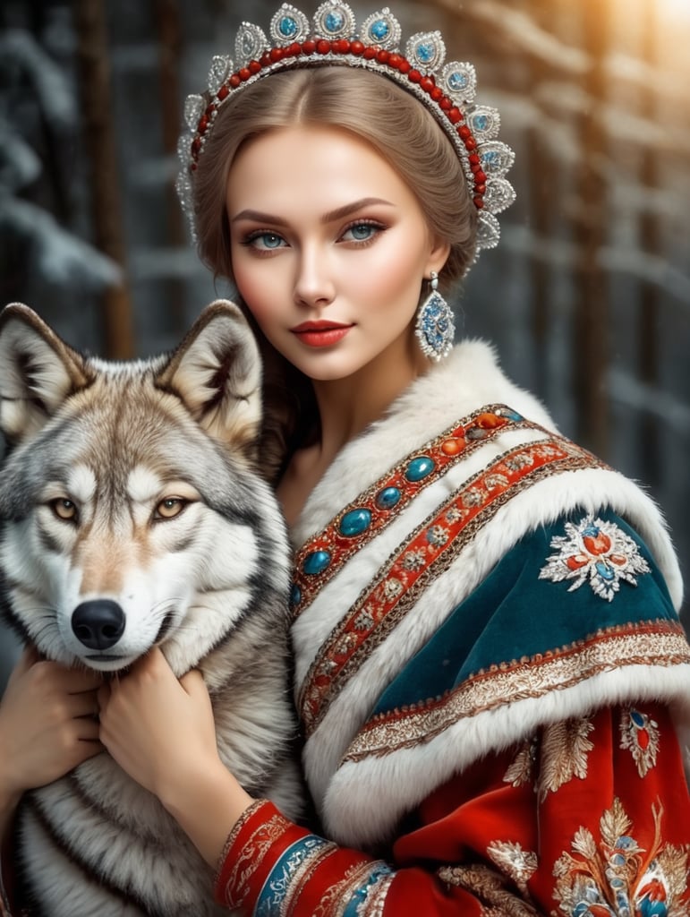 Portrait of a Beautiful women from Russian fairytale wearing traditional costume hugging a wolf
