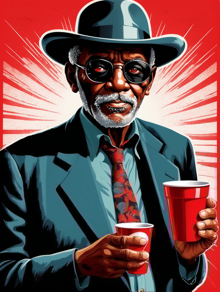 Miami black old man holding a red cup eye-catching poster-style drawing and illustration representing the iconic pulp style.
