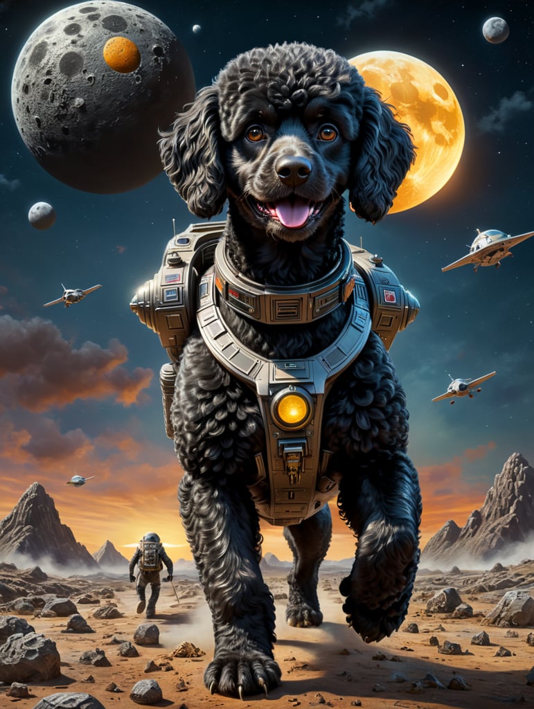Poodle nero atterra sulla luna da astronave spaziale e va a caccia di anatre cartone animato 3D