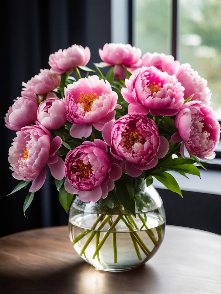 Round transparent glass vase with big bouquet of pink peonies, dark gradient background, sharp focus