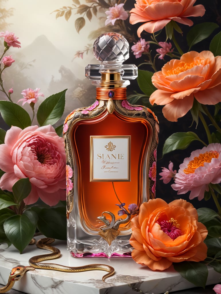 Luxury perfume bottle with blanc label, snake wrapped around the bottle, floral background, pink and orange flowers