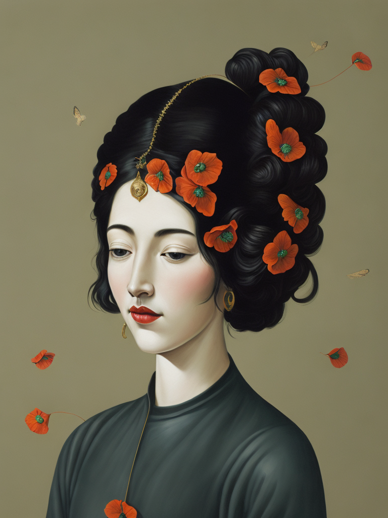 ultrafine detailed painting of a woman with a n opium poppy flower in her hair, whimsical, detailed painting