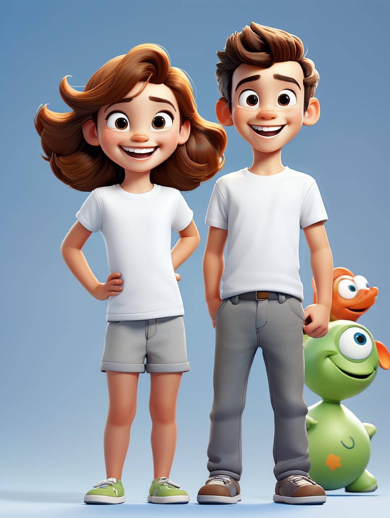 a boy and girl wearing white t-shirts, standing in front of blue background, blank shirts no print, 16 years old smiling toddlers, photo for apparel mock-up