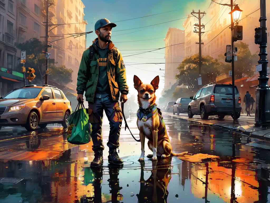 Город. Светофор. Перекресток. Закат. Сумка из цветка. Её несёт собачка чихуахуа . Пьет кофе. Много людей вокруг. Отражение в луже.