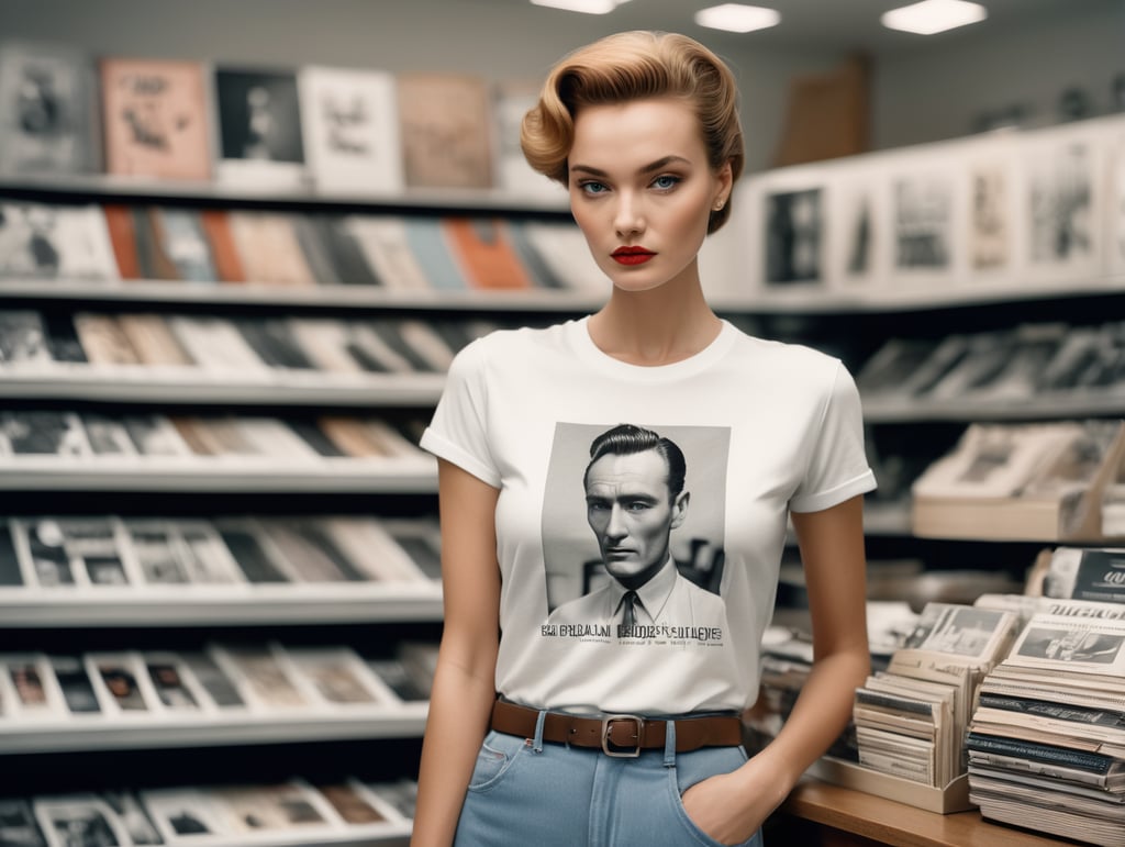 Extremely detailed photographic image, grained image, beautifully composed, monochrome image, 50's fashionable image, fashionable magazine photography, leica summicron 35mm f2.0, kodak 400tx, fashion photography, fashionable model, william s. burroughs, Woman wearing blank white T-Shirt in Clothing Store Mockup, mock up