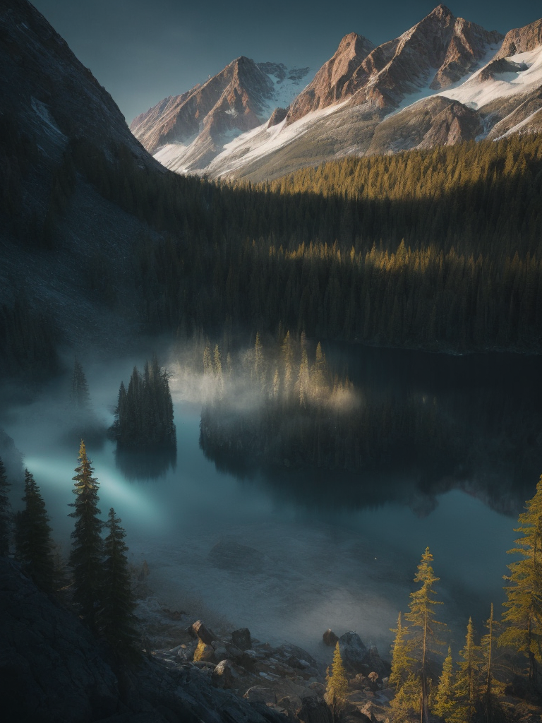 british columbia, surrounded by mountains and nature, beautiful lakes and rivers, northern lights, volumetric lighting, photorealistic, insanely detailed and intricate, canadian rocky mountains, 8k ultra hd, matte painting, night time, Sweeper3D, Ultra realistic, (35mm style:1. 1), ((best quality)), ((masterpiece)), ((realistic)), radiant light rays, highres, highly detailed, concept art, Exaggeration, Aesthetic, magazine, Backlight, light color , heavenly, shadowy, Realism, octane render, unreal engine 5, Shaders, Denoise, De-Noise, Ambient Occlusion