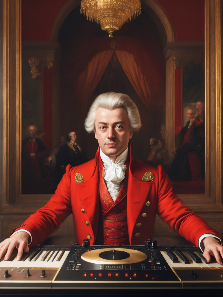 Wolfgang Amadeus Mozart in a 18th century red suit making music on a DJ table, Against the background of the interior of the palace full of guests, studio photo, professional photo, Bright and rich colors, Detailed image, detailed face,