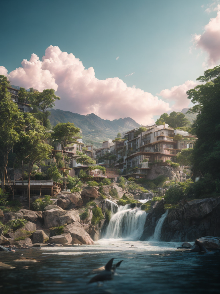 a futuristic town with trees, rivers, waterfall, beauty houses, sunshine, pink clouds, dolphins