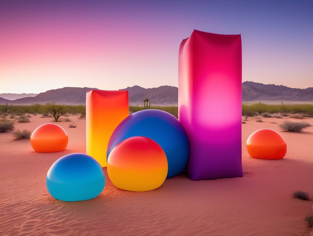 4 prismas inflables en medio del desierto inspirados en la arquitectura de Luis Barragán, con colores vibrantes y degradados.