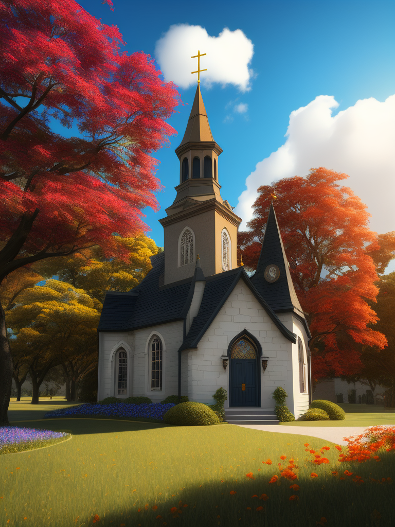 A church on a hill with 2 trees, many flowers, a beautiful sunny day with the prettiest blue sky and clouds that we hardly see in the sky.