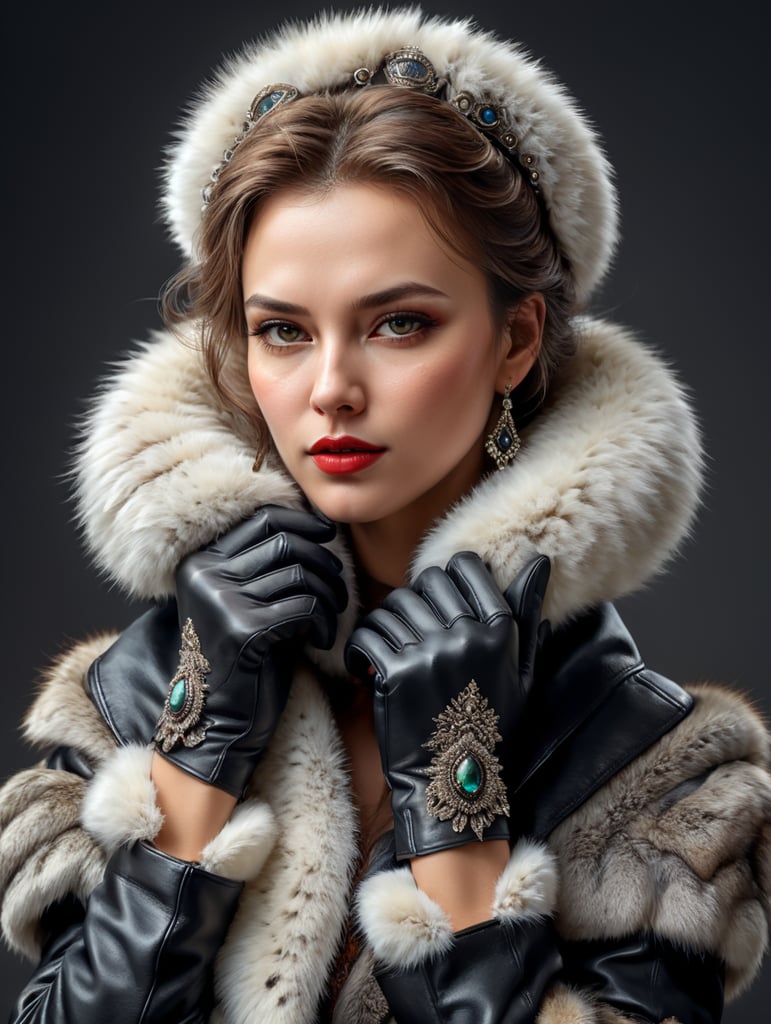 woman wearing fur gloves, hand drawing style, white background, high quality
