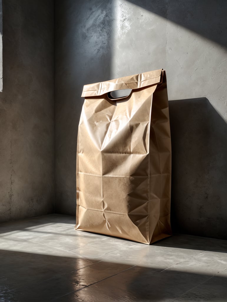Cement paper bag with few folders and rounded corners. The bag is fully white with shadows and lights. There is a shadow behind the bag on the floor and on the wall