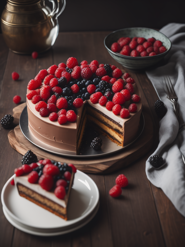 Cake with raspberries and blackberries on a wooden table, dark atmosphere, dramatic Lighting, Depth of field, Incredibly high detailed