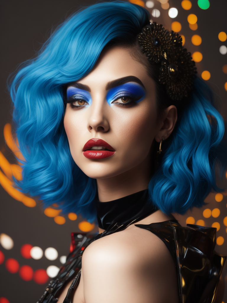 a model wearing makeup, in the style of eclectic pop-art, blue and black, lovecore, spray-paint base, love and romance, bold palette