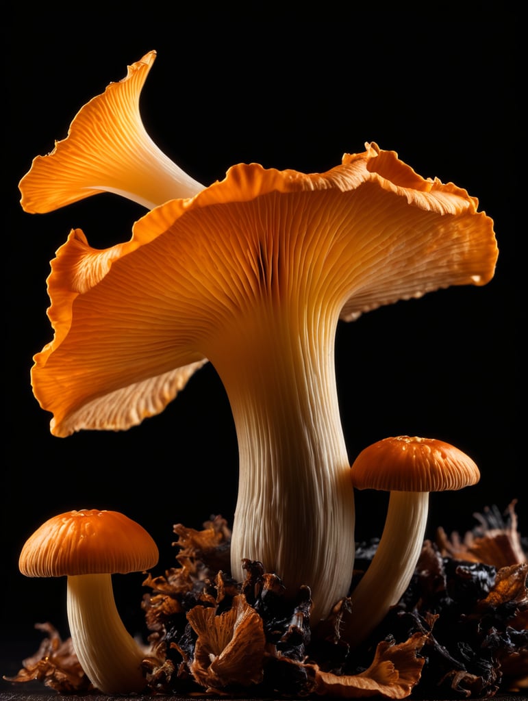 Macro photo of a black chanterelle mushroom, isolated, black background