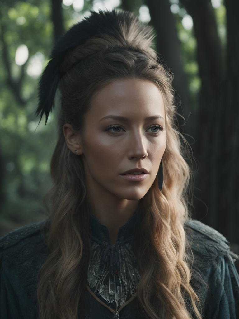 Blake Lively dressed in Native American clothes, realism, photorealism, wearing beautiful regalia, high resolution, forest background, cinematic