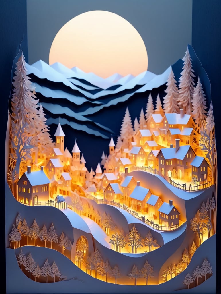 typical village in the middle of a valley, Christmas, snow-covered roofs, warm light