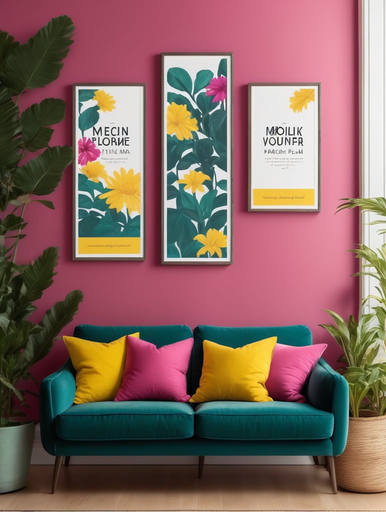 Mockup for two frames of 24x36 in. posters, hanging on a wall painted dark teal color, in a french modern country style livingroom, hot pink sofa and yellow pillows, many plants and flowers, bright livingroom