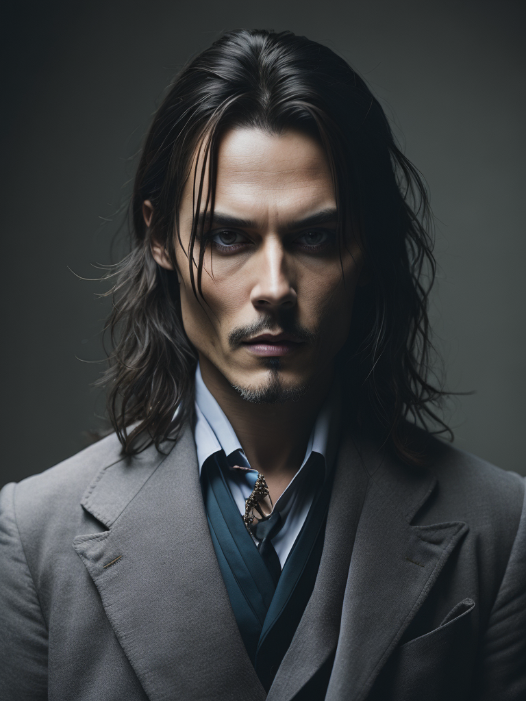 Portrait of Johnny Depp as Count Dracula, majestic look, long hair, he wears 18th-century style clothing, dark background, contrasting light, detailed face, muted tones