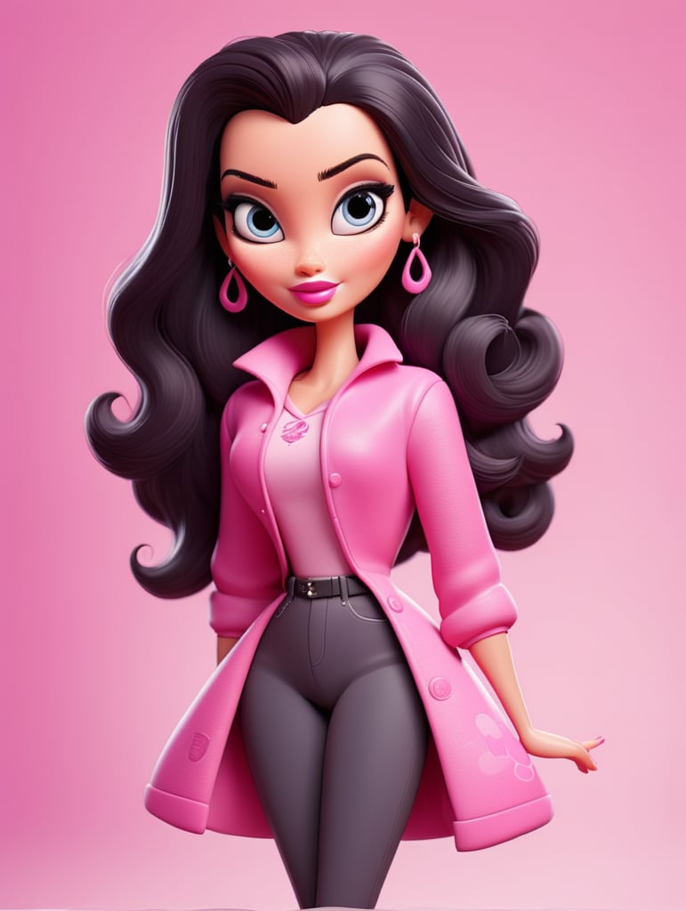 Simple vector illustration of a 42 year old barbie with thick body, straight black hair color wearing pink clothes