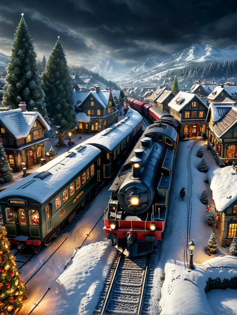 Create a Christmas image, outside, include a train, village and in the middle of the image write the word "Areli"
