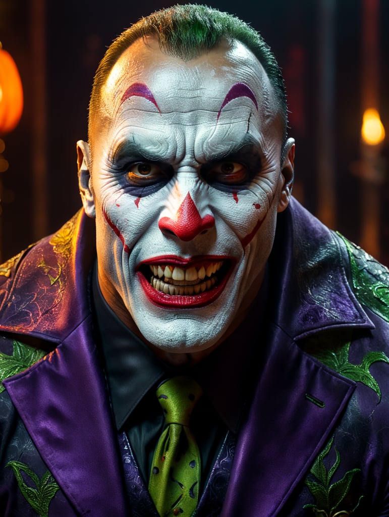 Dwayne Johnson wearing spooky Halloween costume in joker makeup ,Sinister, Vivid saturated colors, Contrast color