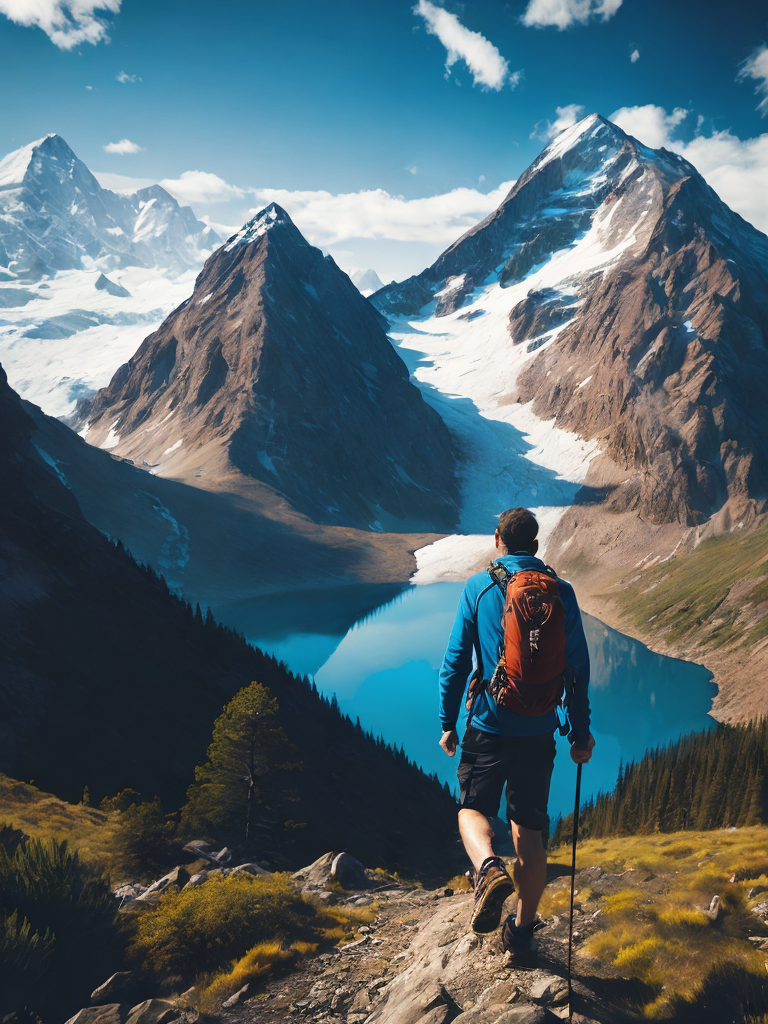 Man hiking in a mountain, brilliant blue sky, serene, peaceful, majestic, high detail, landscape, ultra hd, matte painting, highly detailed, concept art, contrast light, deep colors