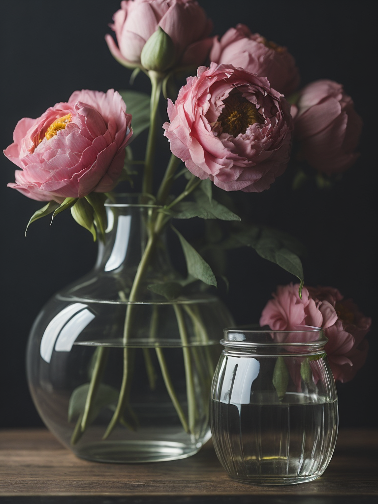 Transparent glass vase with pink peonies, dark gradient background, sharp focus