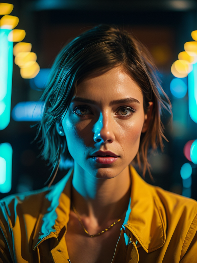 a women looks on the camera, yellow side lighting, focused gaze, canon 50 lens, focus on the face everything else is in blur, the blade runner scene.