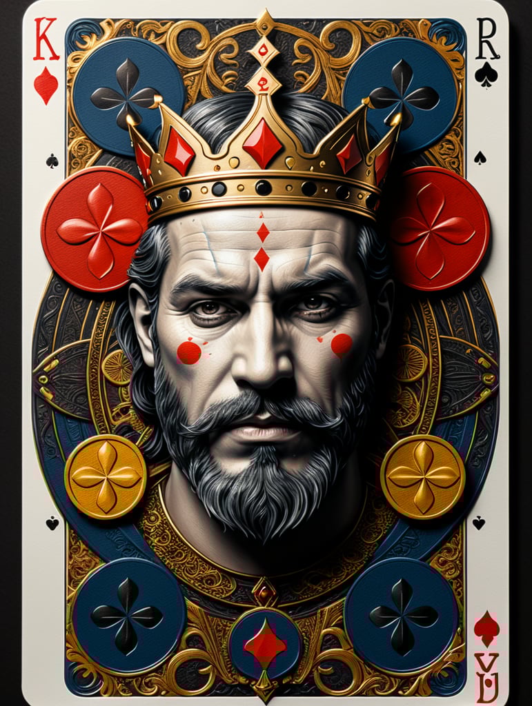 king of clubs playing card, face card, linocut art style, black ink, ultra realism, super detailed, professional shot, bold saturated colors, sharp focus, highly detailed