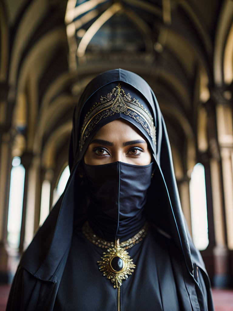 hyper-realistic, ultra-detailed photograph of indonesia white woman with arabic niqab fashion black cloak and some crows flying behind, Dark Renaissance ottoman mosque background, photo realistic, golden jewelry, dark, sunlight fractal details, depth of field, HOF, hall of fame, detailed gorgeous face, apocalyptic environment, natural body posture, professional photographer, captured with professional DSLR camera, trending on Artstation, 64k, ultra-detailed, ultra-accurate detailed, bokeh lighting, surrealism