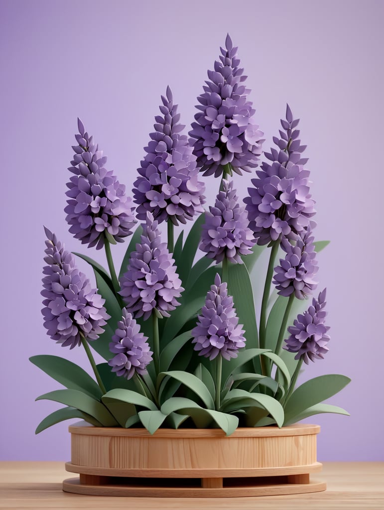 lavender flowers made of paper on a wooden stand on a lavender background