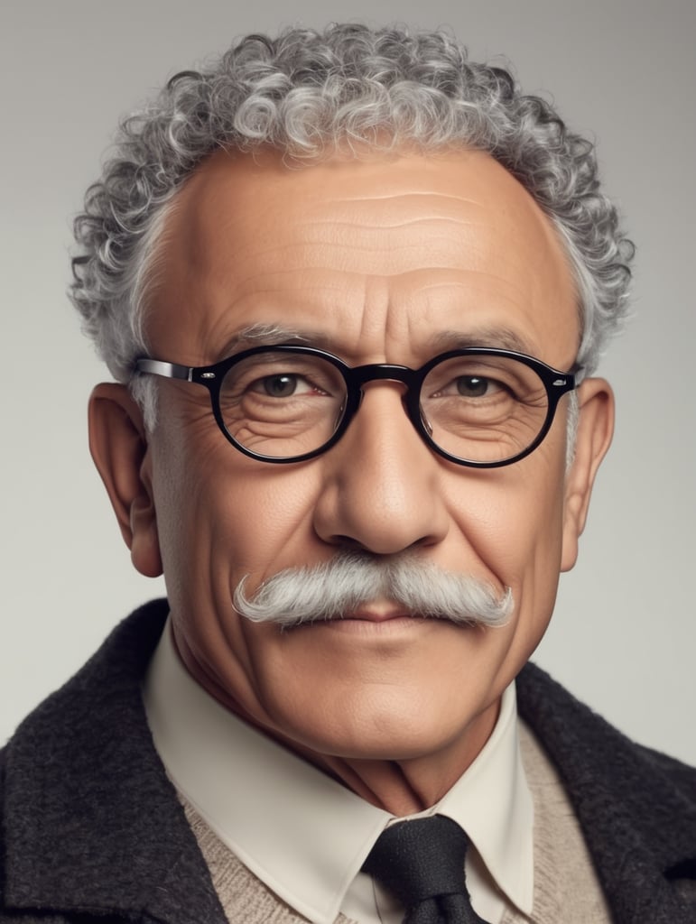 46 old man wearing glasses with black haired round tips mustache and curly short hair