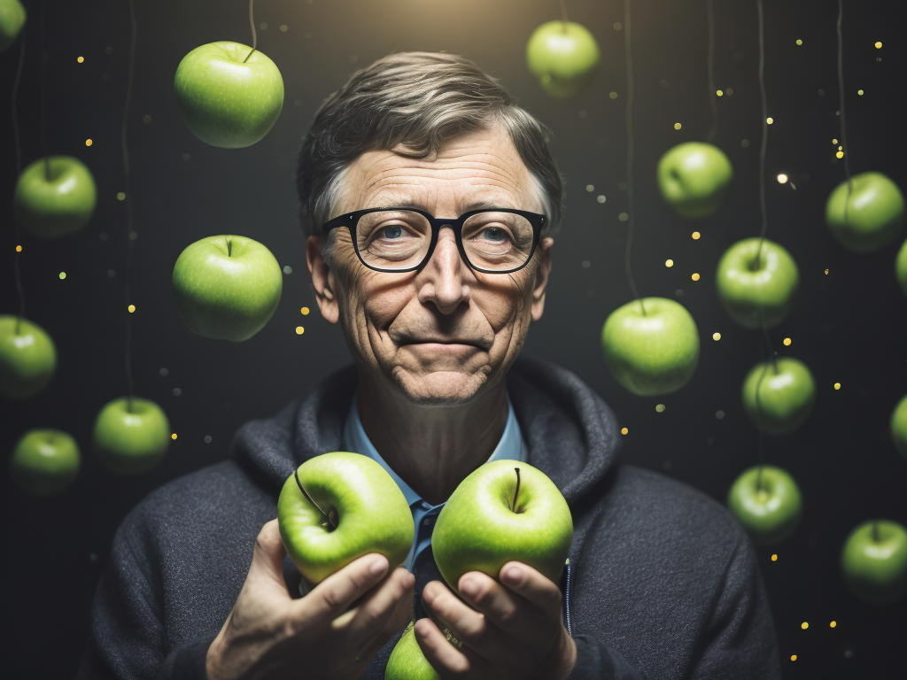 Bill Gates juggling green apples, bright and saturated colors, highly detailed, sharp focus, Dramatic Lighting, cyber-punk style