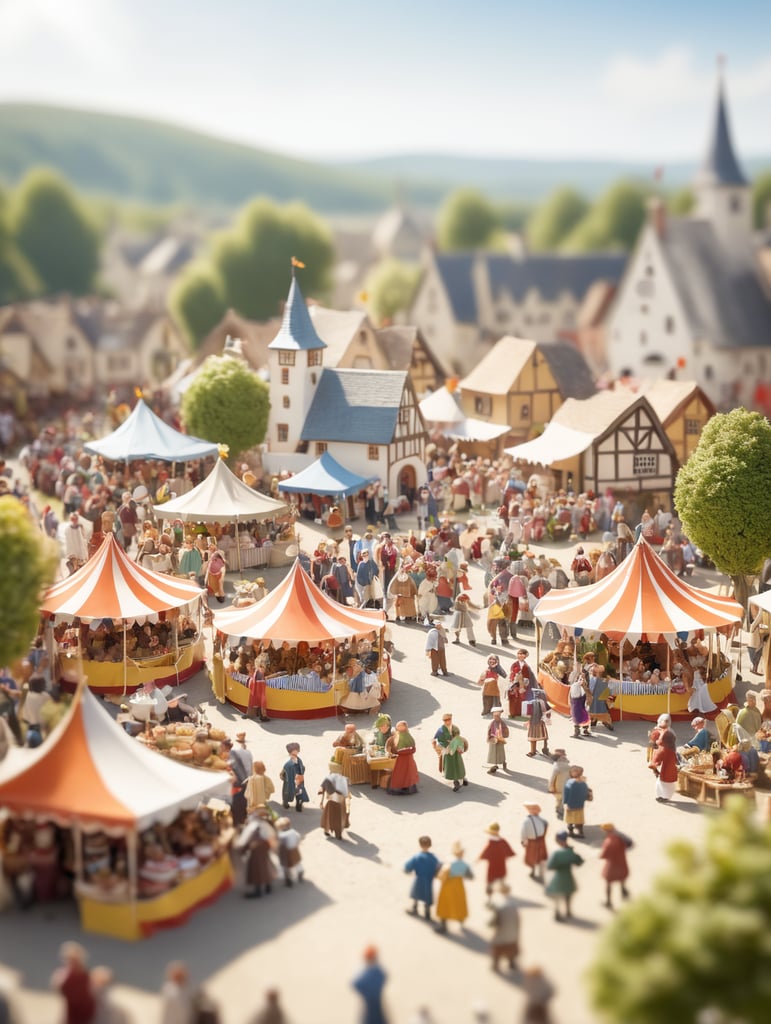 A medieval-inspired creative concept is depicted in a tilt-shift photograph capturing the joyful ambiance of a village fete and fair