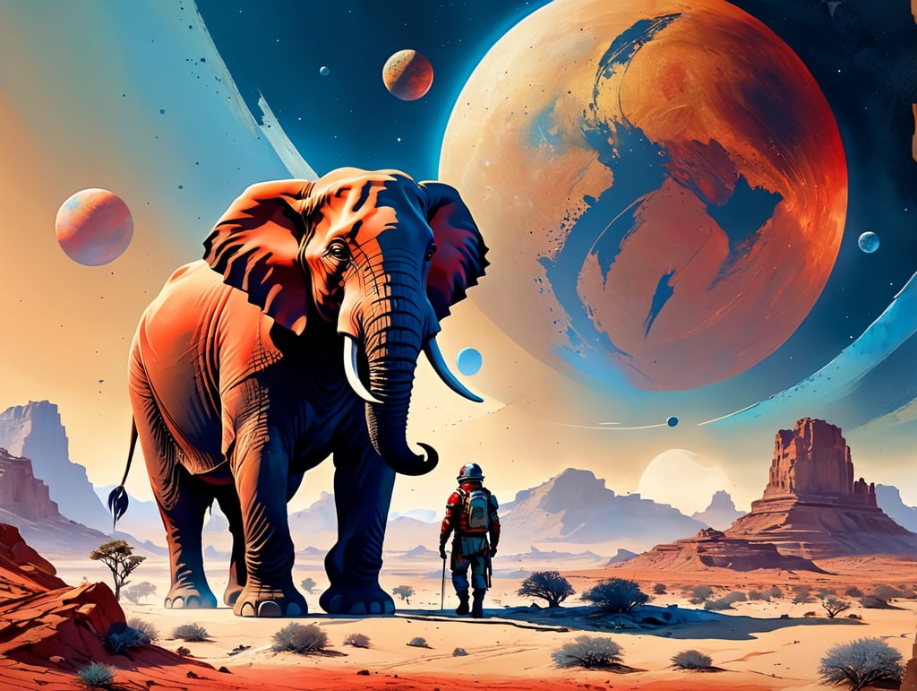 Красная роза в бежевой пустыне. Синие слоны. Сверху много планет и комета.