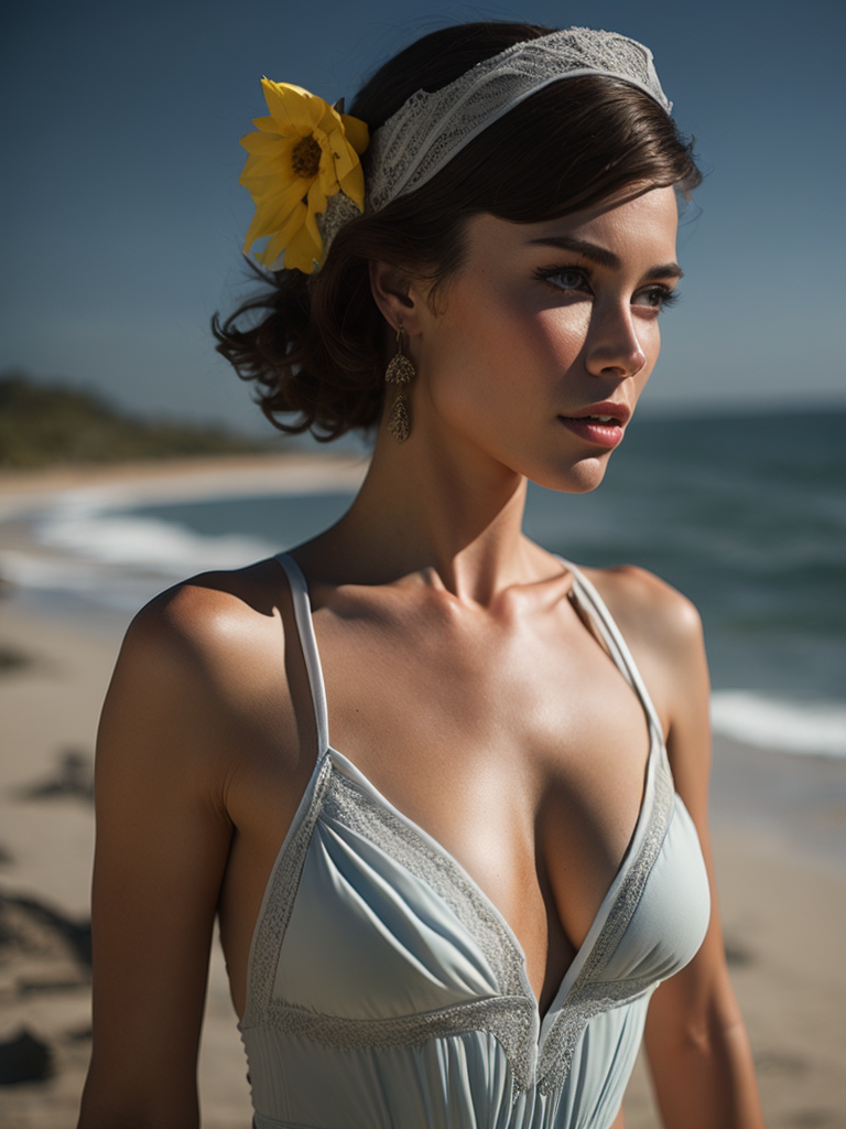 Portrait of a female pinup model in swimsuit on the beach