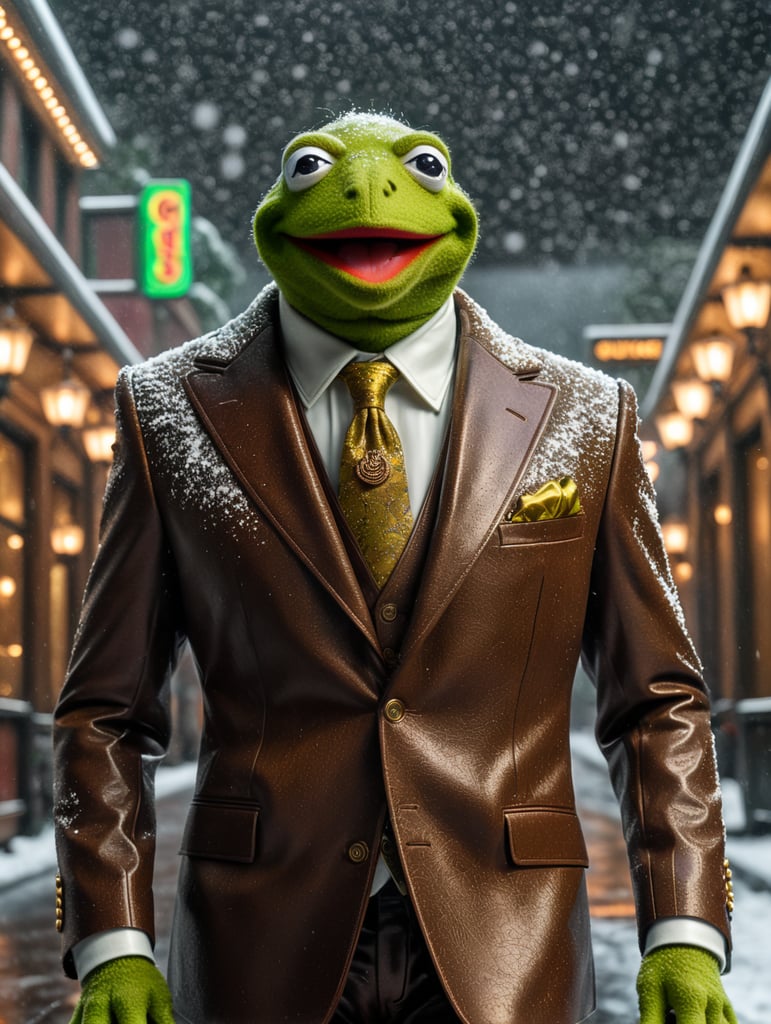 Kermit the frog wearing a brown gucci suit, gucci promo photo, 8k photo, snowing outside, dark hues, 8k photography, studio lighting, promo