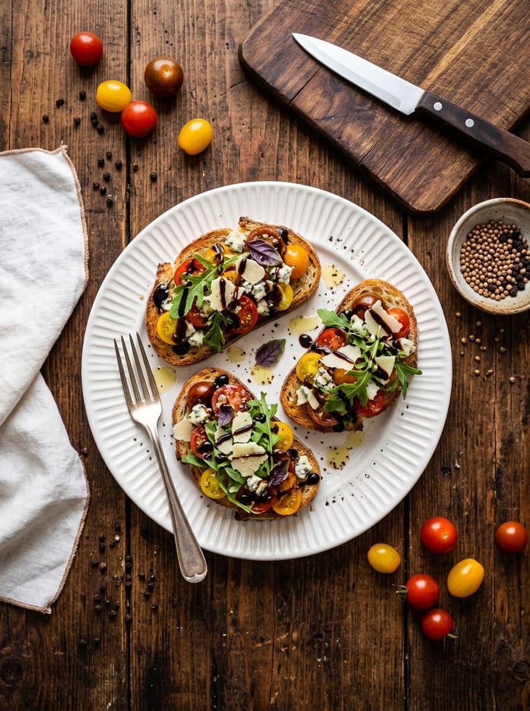 Top-down flat lay of three bruschetta toasts on a ridged white plate over a rustic dark wooden table. The crostini are heavily layered with cherry tomatoes, crumbled blue cheese, shaved parmesan, fresh arugula, purple basil leaves, and a thick balsamic drizzle. A silver fork rests on the plate, surrounded by scattered peppercorns, loose cherry tomatoes, a folded white napkin, a wooden cutting board with a knife, and a small dark bowl of coriander seeds under warm, rich overhead lighting.