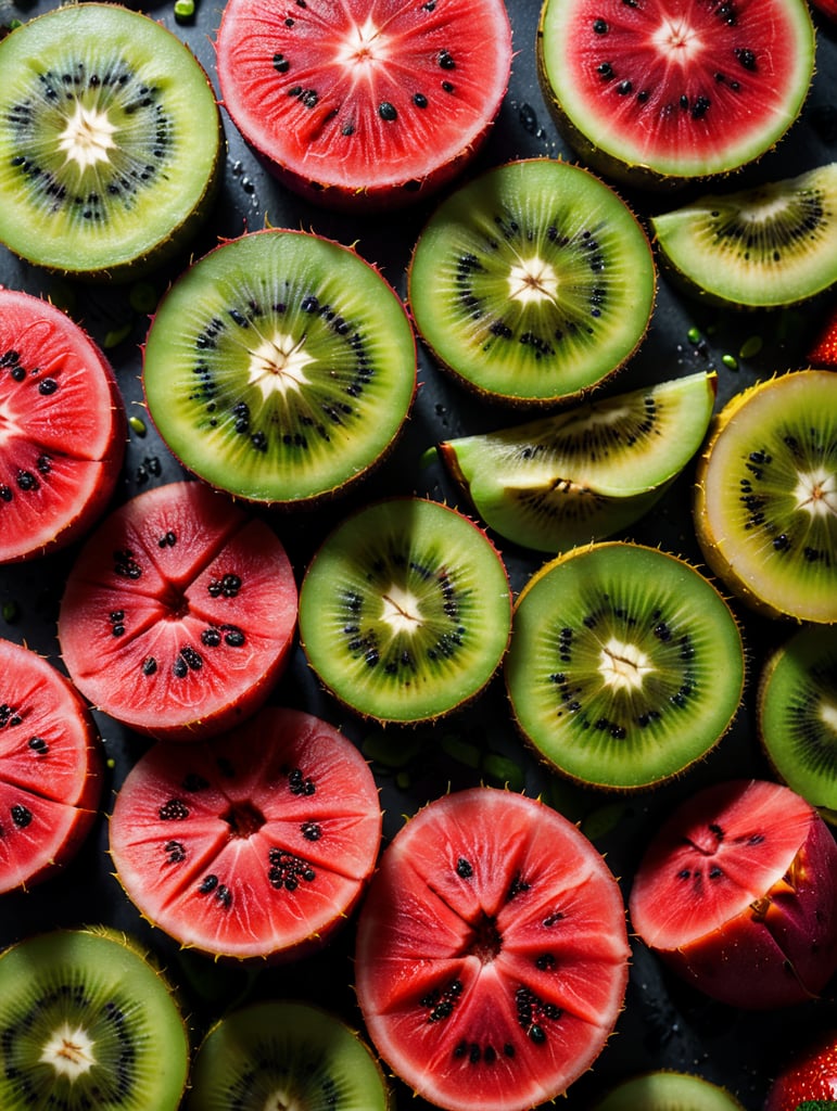 Colorful sliced fruit pieces, top view, watermelon, dragon fruit, kiwi, strawberry