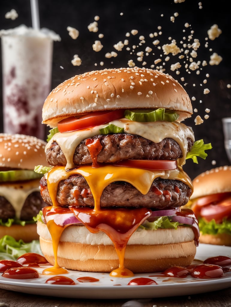 the moment after a burger explodes from inside, splitting it in two and splattering fragments in all directions, scattering ketchup and cream, very fast shutter speed, volumetric lighting, Reflective glass plate behind and below