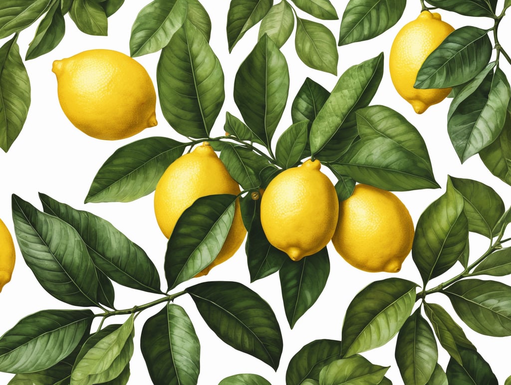 botanical art lemon print plant illustration leafy lemons nature inspired artistic flora citrus vibes fresh botanicals textured leaves vibrant prints