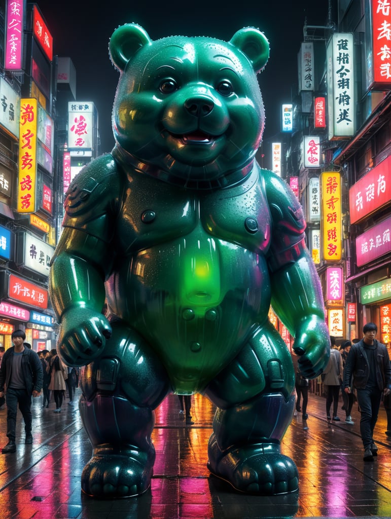 A giant Japanese gummy bear, translucent, 4 stories tall, walking through Tokyo at night, neon rainy city, cyberpunk, techno city