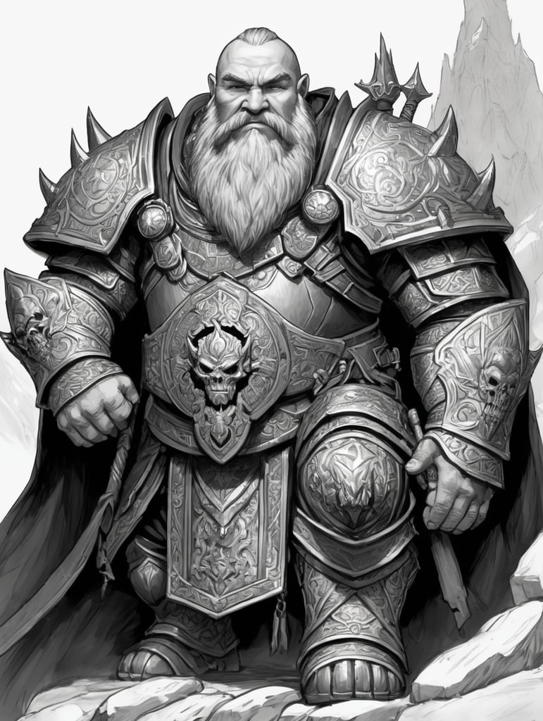 Image should be a sketch, in monochrome. Harrim is a dwarven cleric of the god Groetus, a deity associated with the end times and oblivion. Harrim is known for his grim demeanor, fatalistic outlook on life, and dedication to his deity. He often expresses nihilistic beliefs and a fascination with death and destruction.