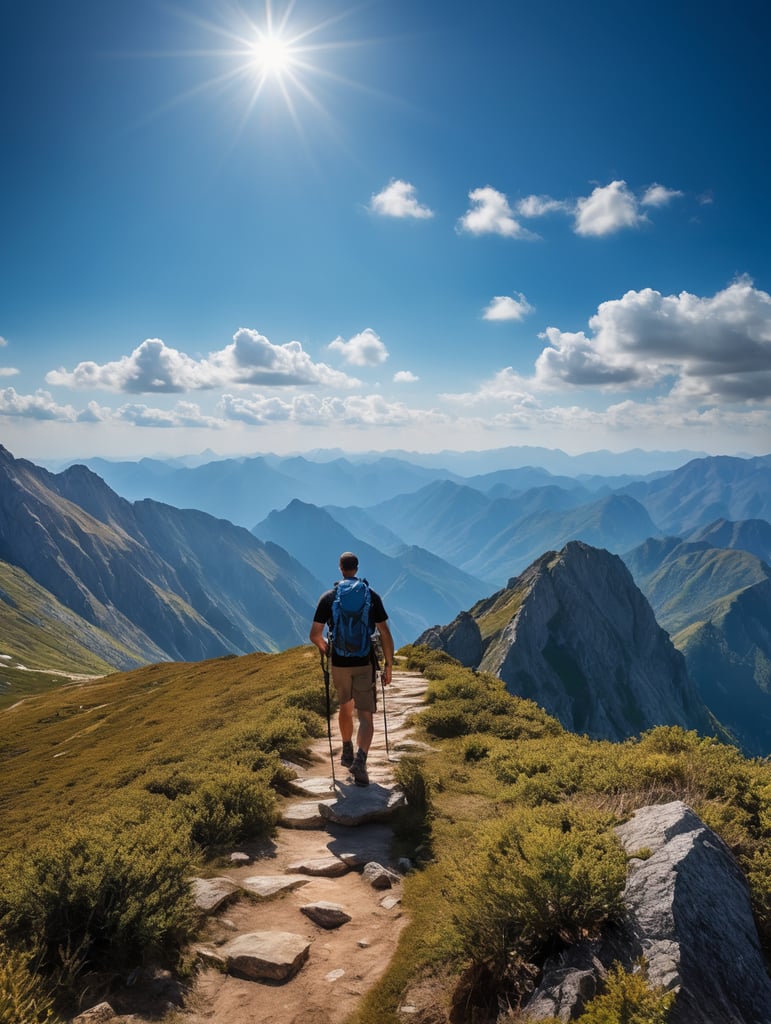 Man hiking in a mountain, brilliant blue sky, serene, peaceful, majestic, high detail, landscape, ultra hd, matte painting, highly detailed, concept art, contrast light, deep colors