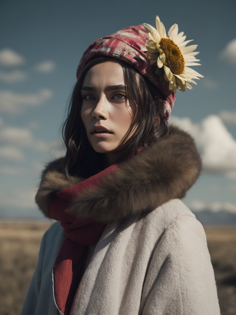 A close-up of a very young girl model, a simple-minded look directed at the sky, dressed in a fur coat, colorful coat, the coat depicts flowers, a scarf on her head, elegant pose, blue sky, summer, large strokes of oil paint, calm muted color, grainy,