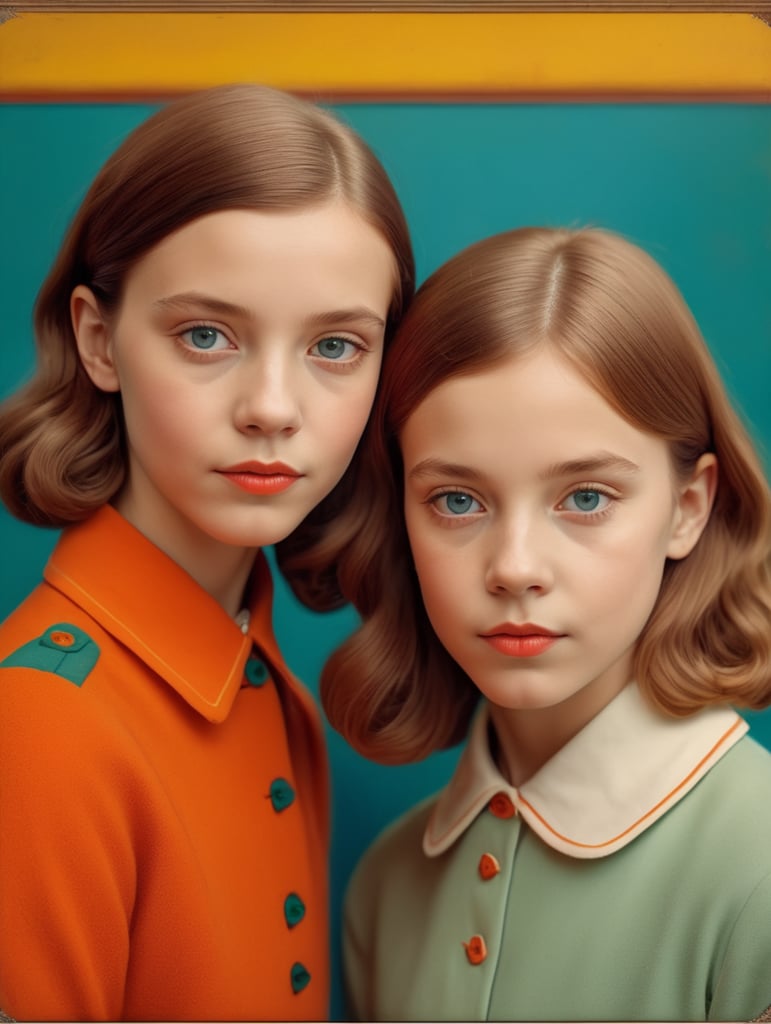 Vintage portrait of two girls, Wes Anderson style, Incredibly high detail, Bright colors