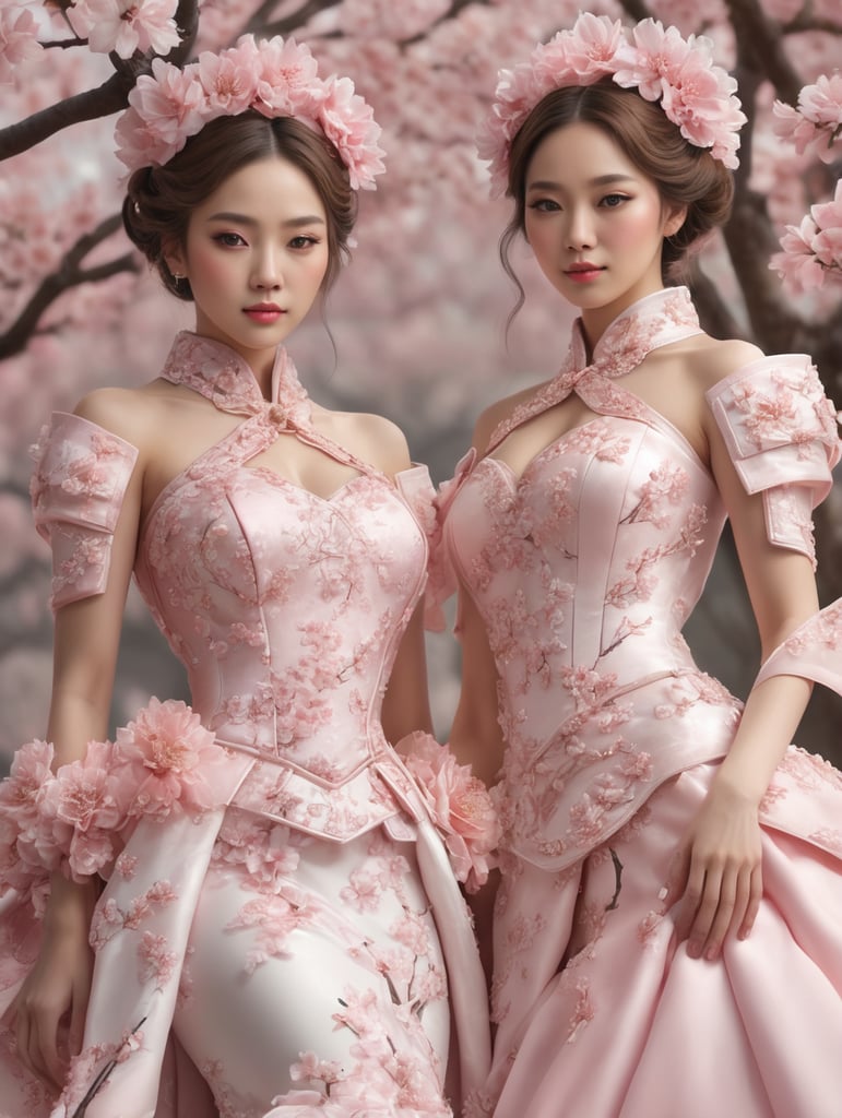foto setengah badan dua perempuan dengan pakaian seperti ratu bunga sakura, epic details, realistic, raytracing, photorealistic, realistic human photo, ultra realistic, masterpiece
