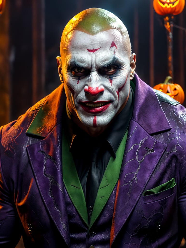 Dwayne Johnson wearing spooky Halloween costume in joker makeup ,Sinister, Vivid saturated colors, Contrast color