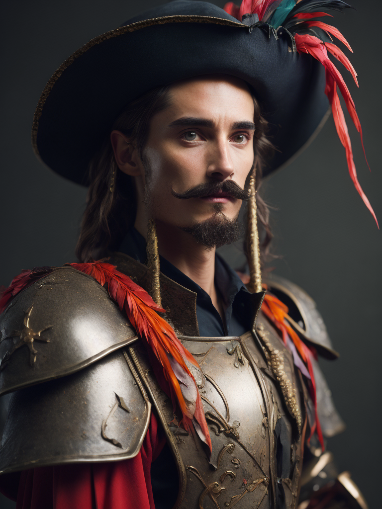 High resolution, high quality, high detail, soft lighting, cinematic lighting, realistic, DSLR, bokeh, studio quality, film grain, panorama, film grab of a young landsknecht wearing a large hat with colorful feather plumes, plate armor, black shirt, moustache, holding a very long sword, standing, simple background, 80s fantasy movie